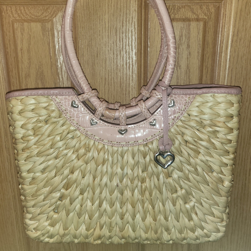Vintage Brighton Pink and Tan Leather and Straw Woven Tote